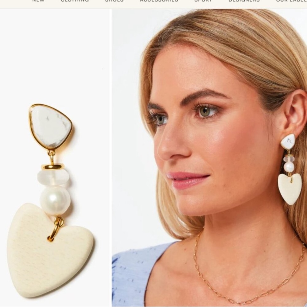 Tuckernuck White Heart Drop Earrings with Pearl Accents